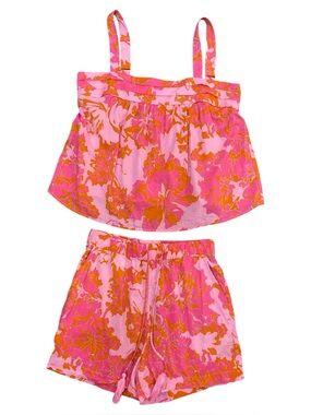 Rose + Olive Pink and Orange Floral Two-Piece Set Size XS Beach Summer Girly